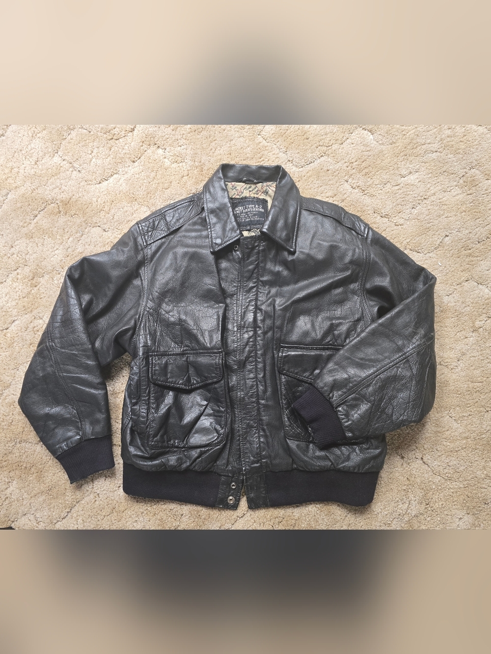 Black Leather Bomber Jacket with Front Flap Pockets